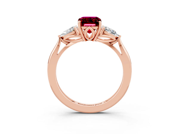 Rose gold Three-Stone Emerald Cut Garnet Ring with Pear  Side Stones in Four-Prong Setting
