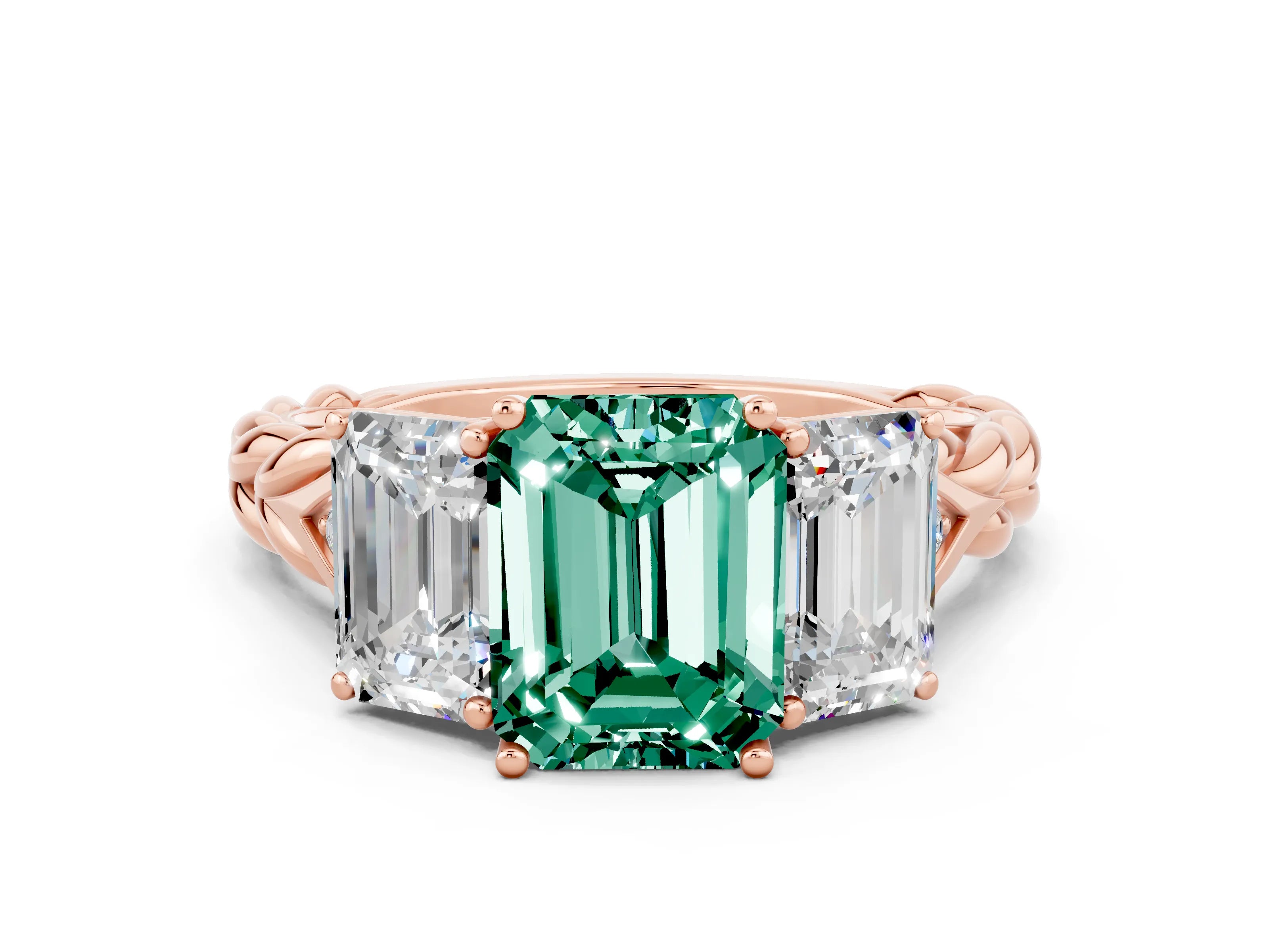Rose gold Three-Stone Emerald Cut Green Sapphire Braided Band Ring with Four-Prong Setting_36