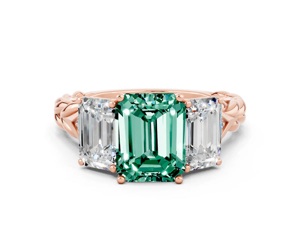 Rose gold Three-Stone Emerald Cut Green Sapphire Braided Band Ring with Four-Prong Setting