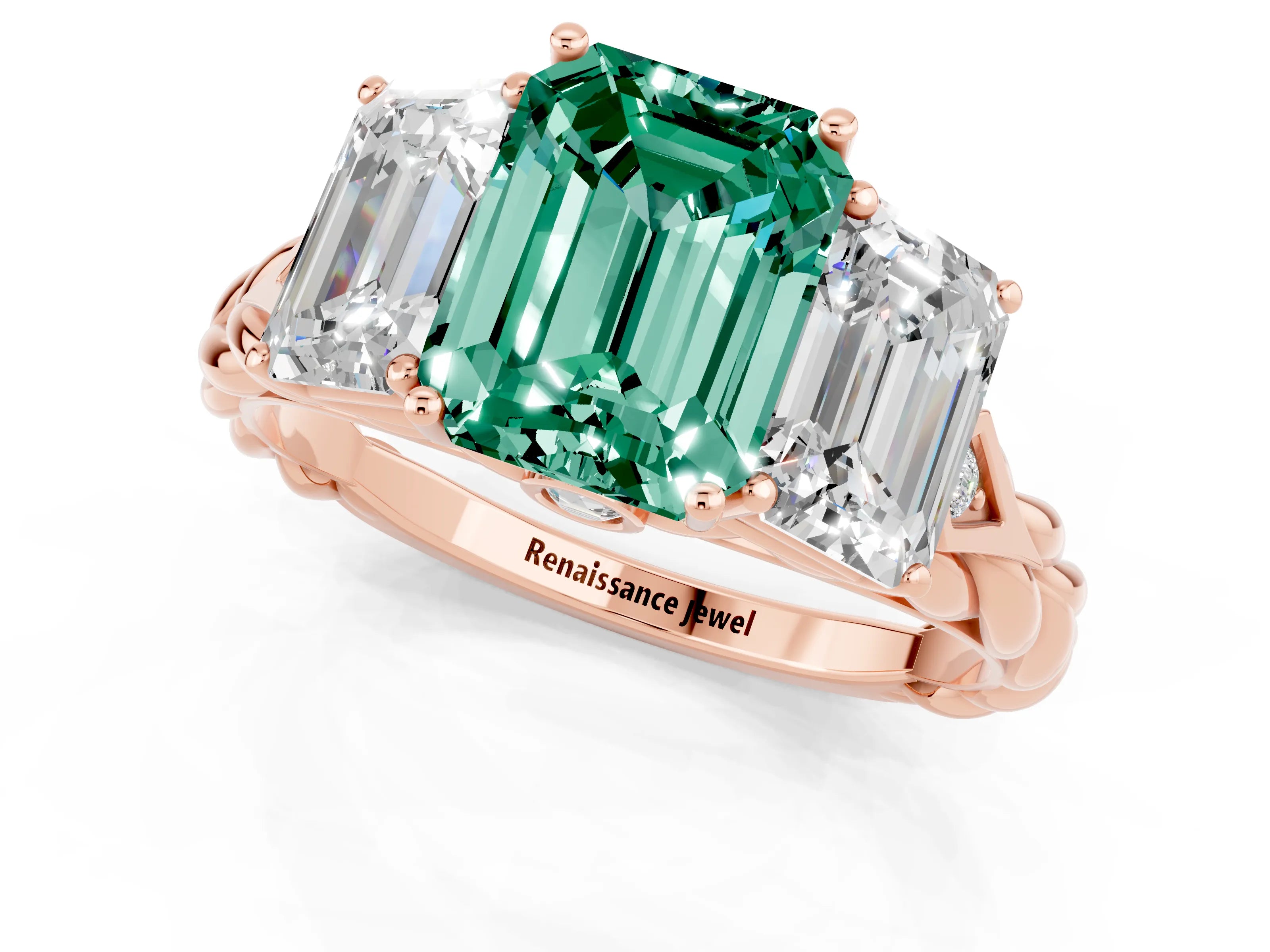 Rose gold Three-Stone Emerald Cut Green Sapphire Braided Band Ring with Four-Prong Setting_37