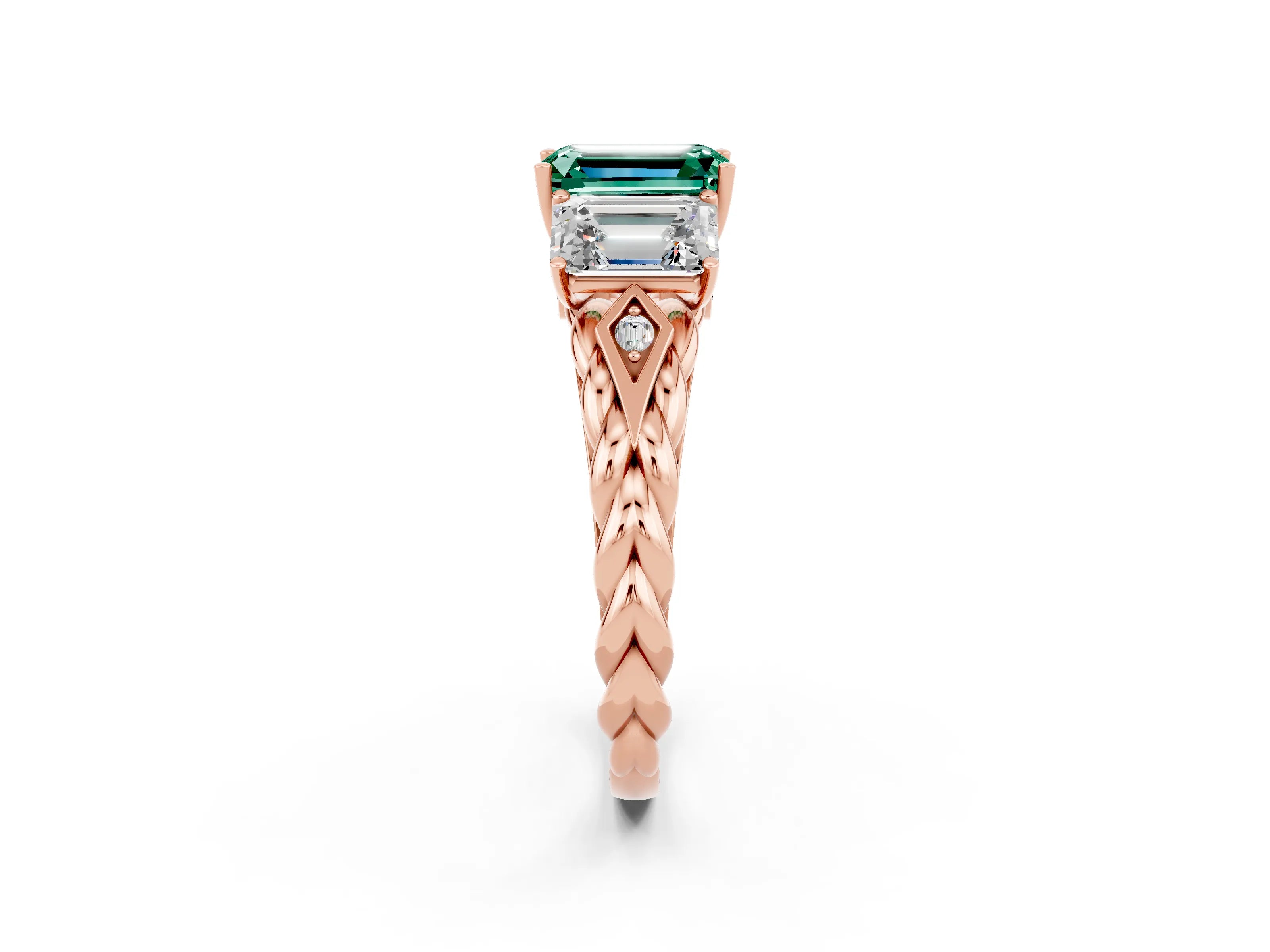 Rose gold Three-Stone Emerald Cut Green Sapphire Braided Band Ring with Four-Prong Setting_38