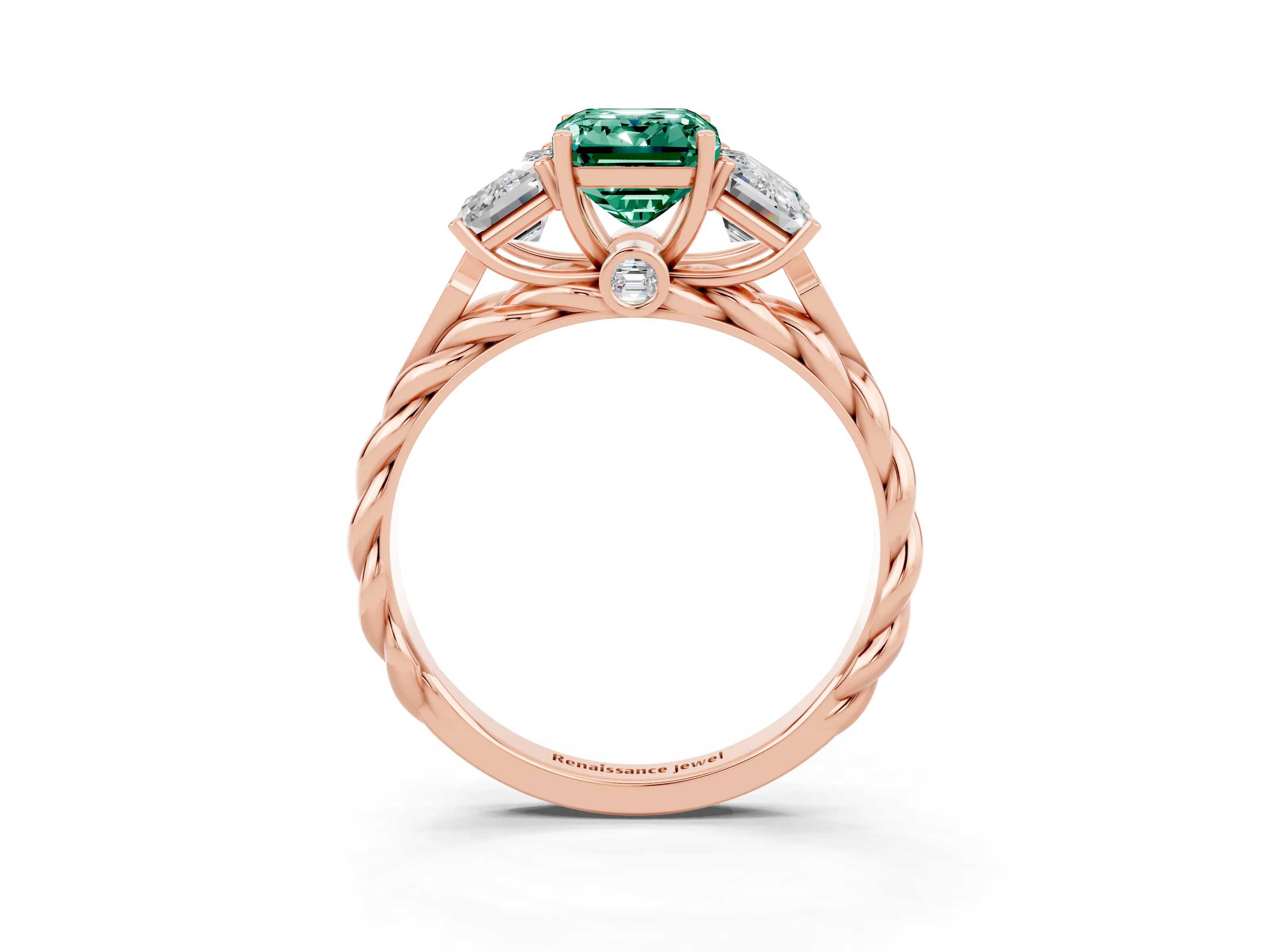 Rose gold Three-Stone Emerald Cut Green Sapphire Braided Band Ring with Four-Prong Setting_39