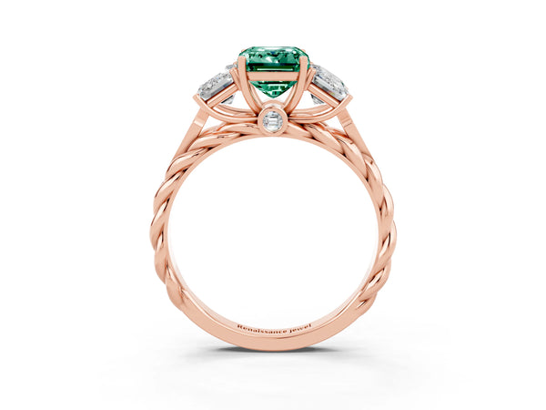Rose gold Three-Stone Emerald Cut Green Sapphire Braided Band Ring with Four-Prong Setting