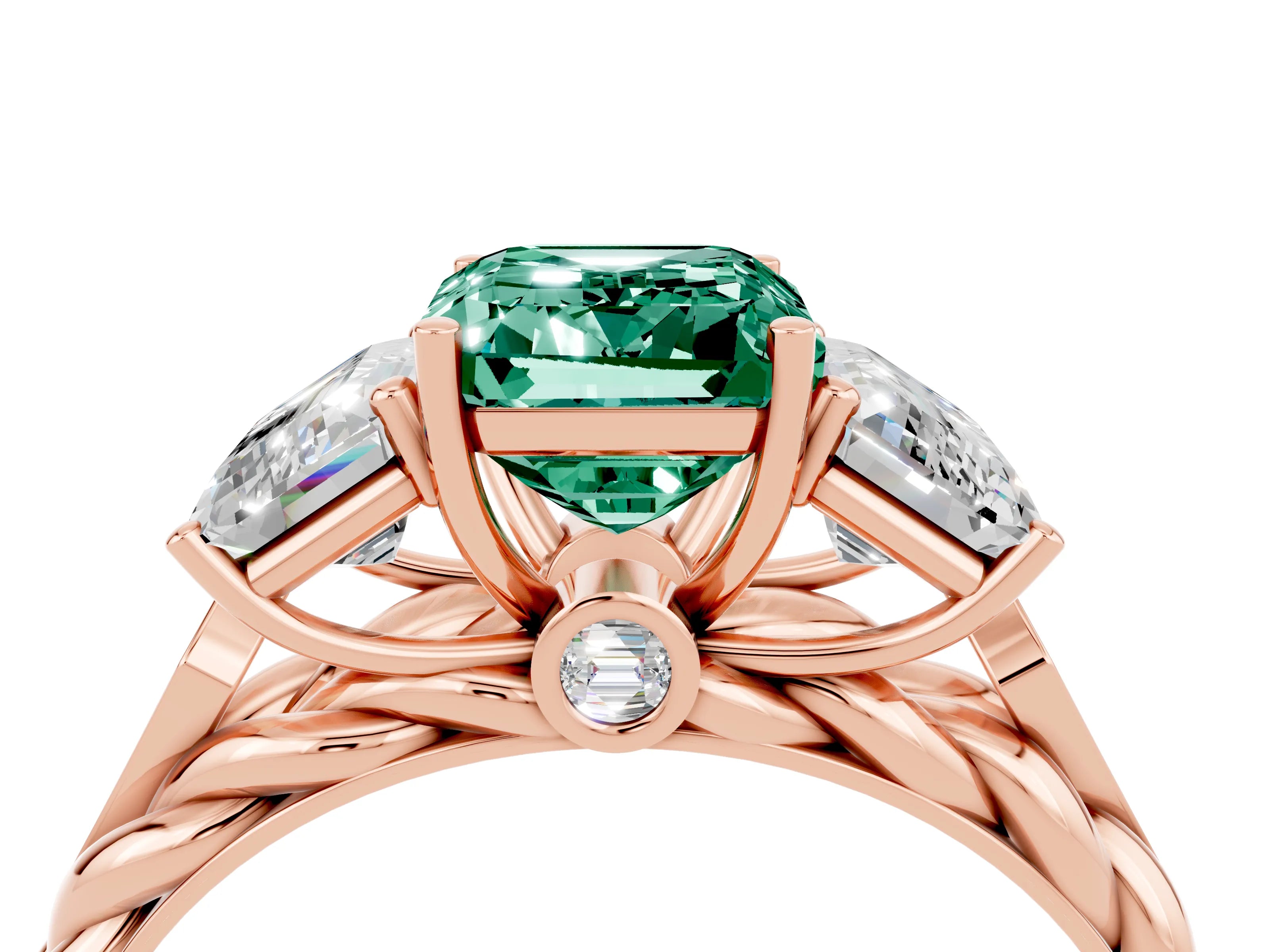 Rose gold Three-Stone Emerald Cut Green Sapphire Braided Band Ring with Four-Prong Setting_40