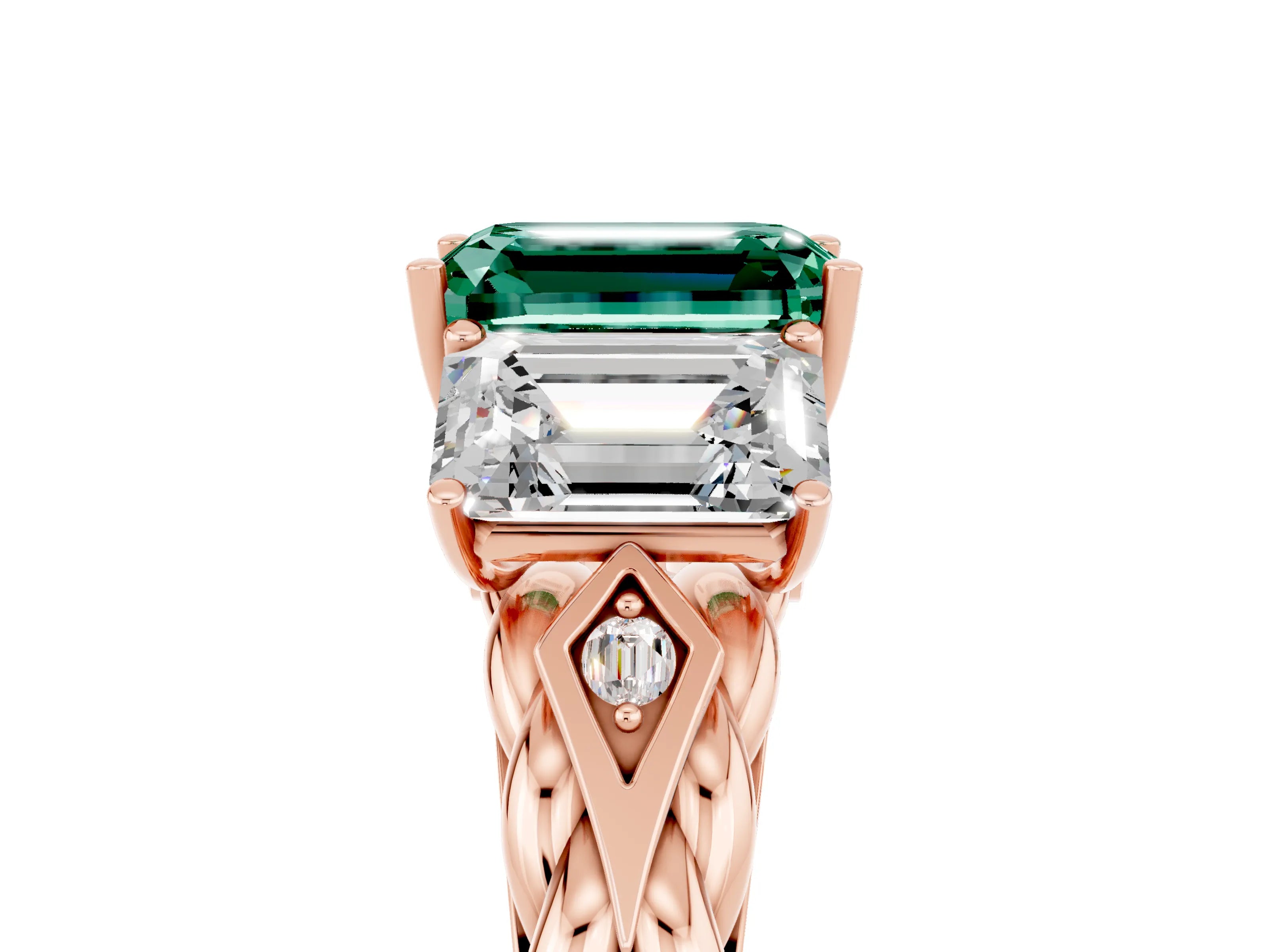 Rose gold Three-Stone Emerald Cut Green Sapphire Braided Band Ring with Four-Prong Setting_41