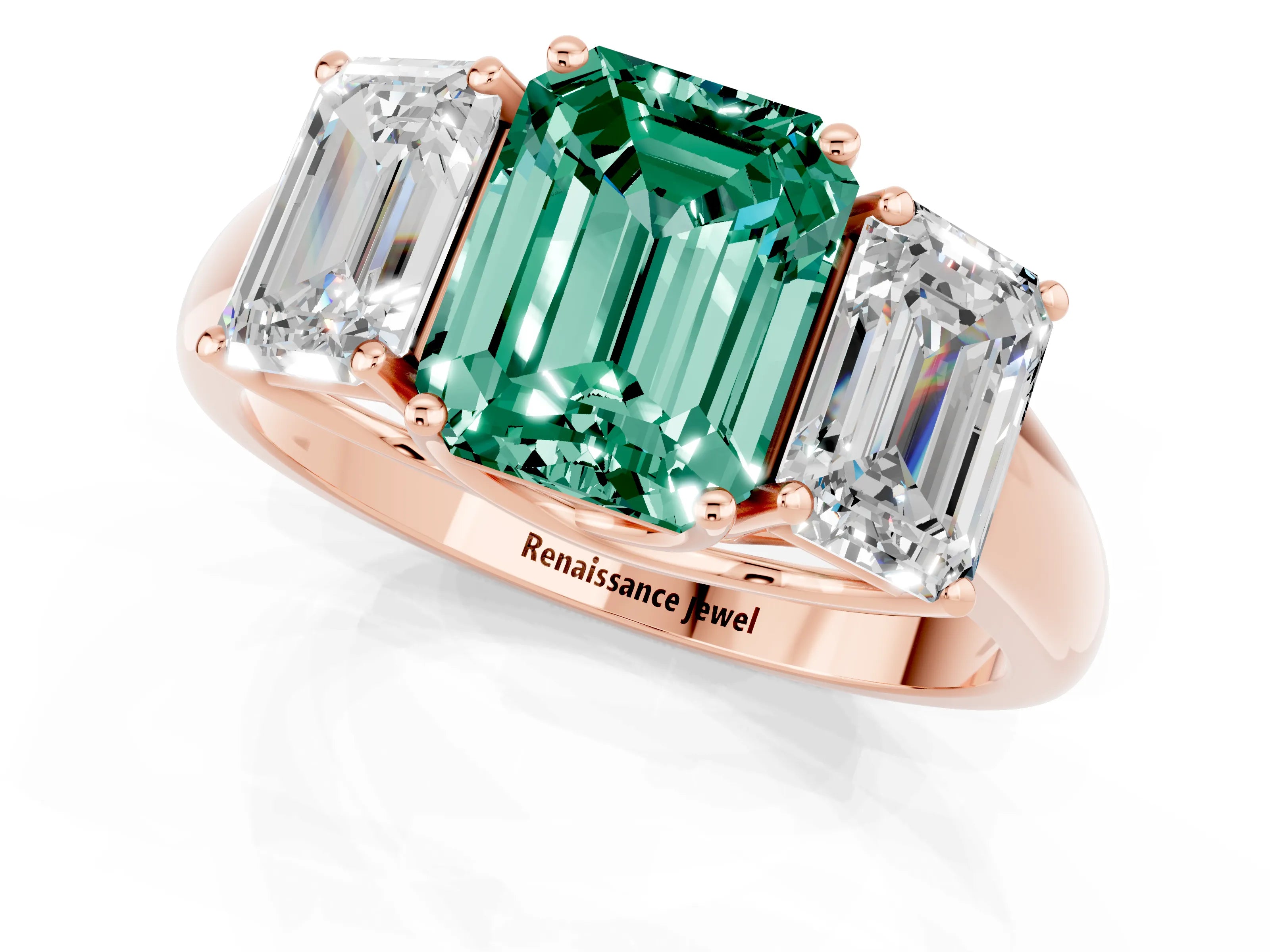 Rose gold Three-Stone Emerald Cut Green Sapphire Engagement Ring with Prong Setting_1