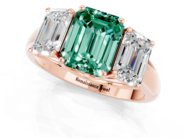 Rose gold Three-Stone Emerald Cut Green Sapphire Engagement Ring with Prong Setting