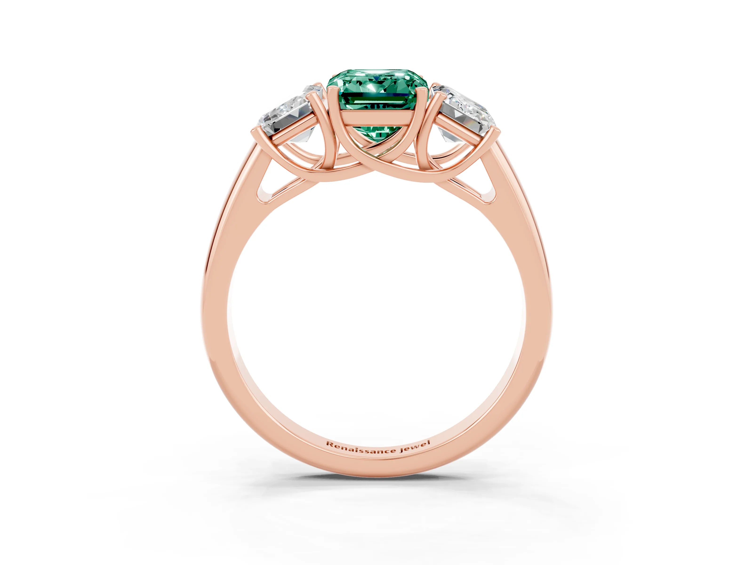 Rose gold Three-Stone Emerald Cut Green Sapphire Engagement Ring with Prong Setting_3