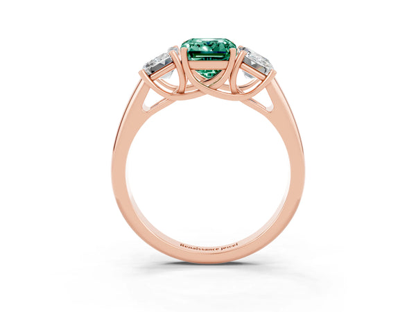 Rose gold Three-Stone Emerald Cut Green Sapphire Engagement Ring with Prong Setting