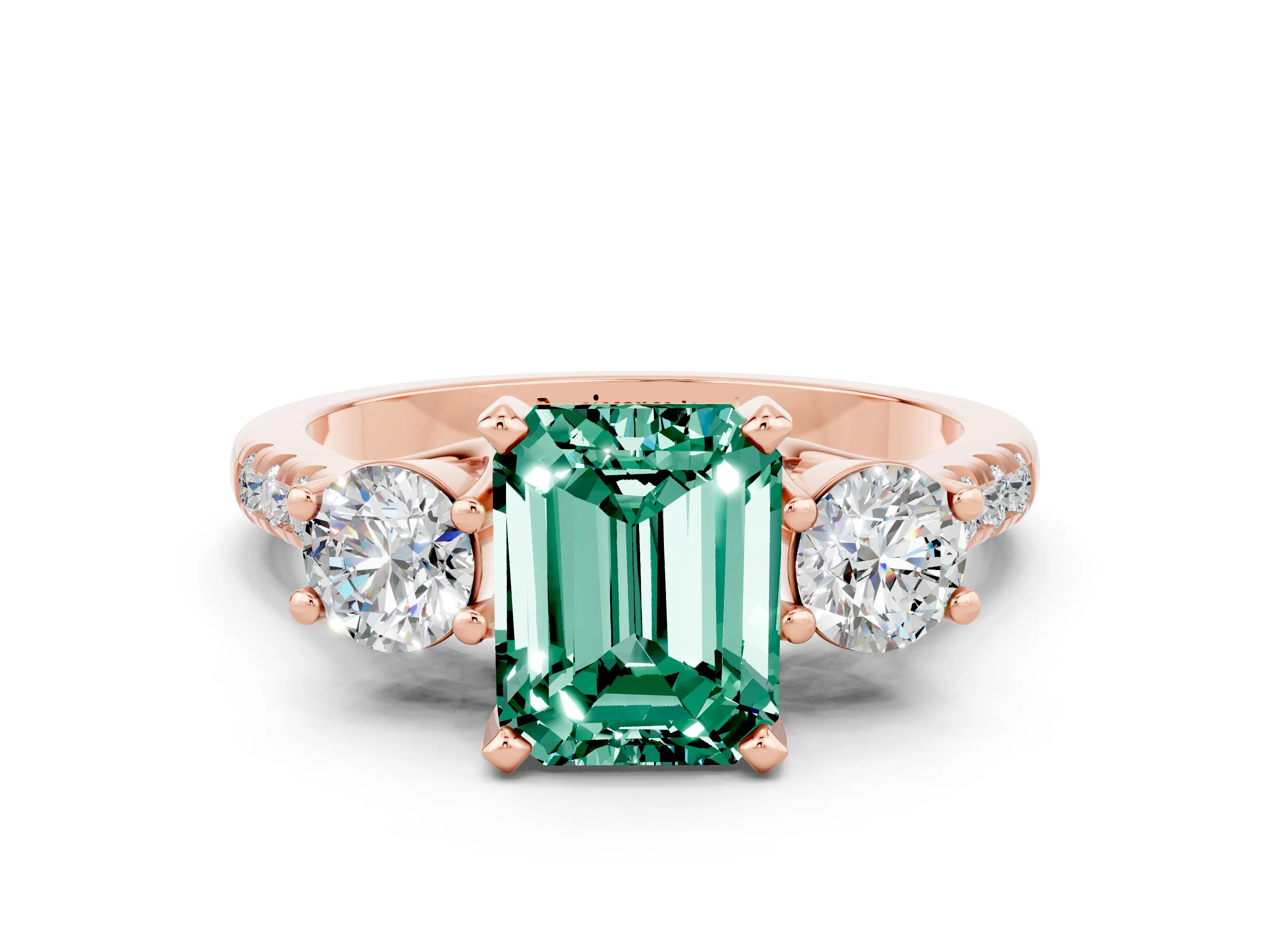 Rose gold Three-Stone Emerald Cut Green Sapphire Pavé Band with Four-Prong Setting