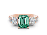 Rose gold Three-Stone Emerald Cut Green Sapphire Pavé Band with Four-Prong Setting