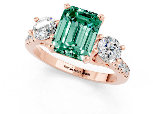 Rose gold Three-Stone Emerald Cut Green Sapphire Pavé Band with Four-Prong Setting