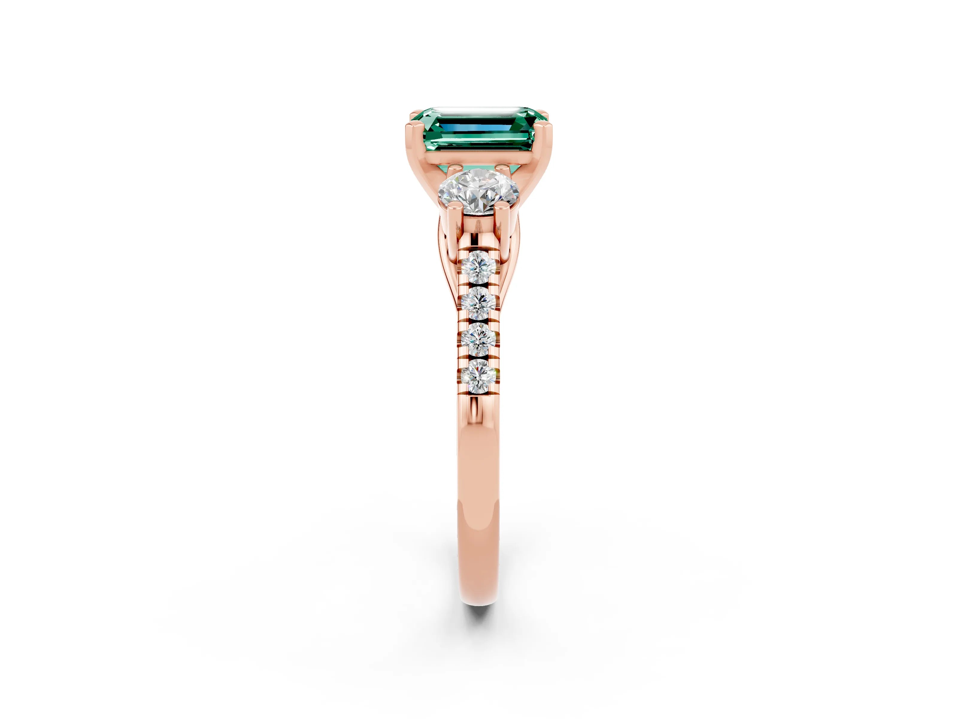 Rose gold Three-Stone Emerald Cut Green Sapphire Pavé Band with Four-Prong Setting_2