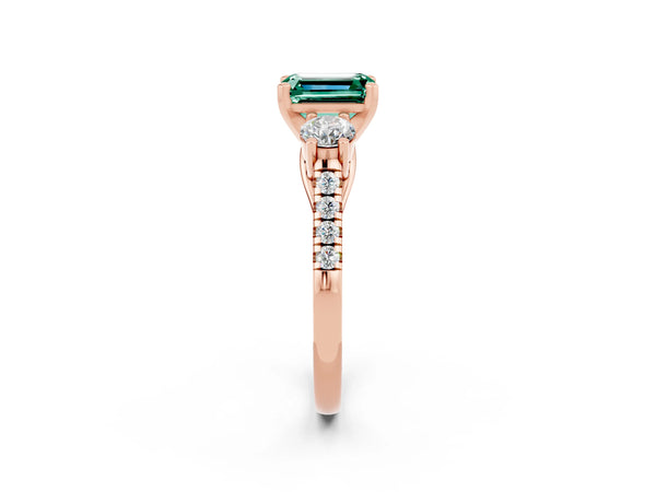 Rose gold Three-Stone Emerald Cut Green Sapphire Pavé Band with Four-Prong Setting
