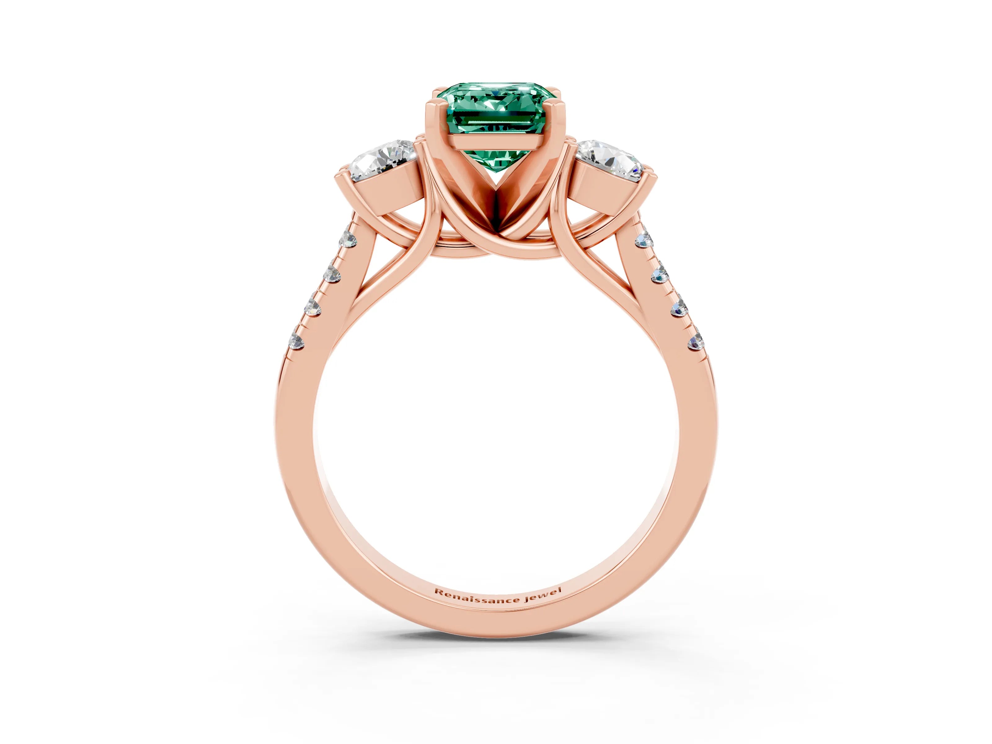 Rose gold Three-Stone Emerald Cut Green Sapphire Pavé Band with Four-Prong Setting_3