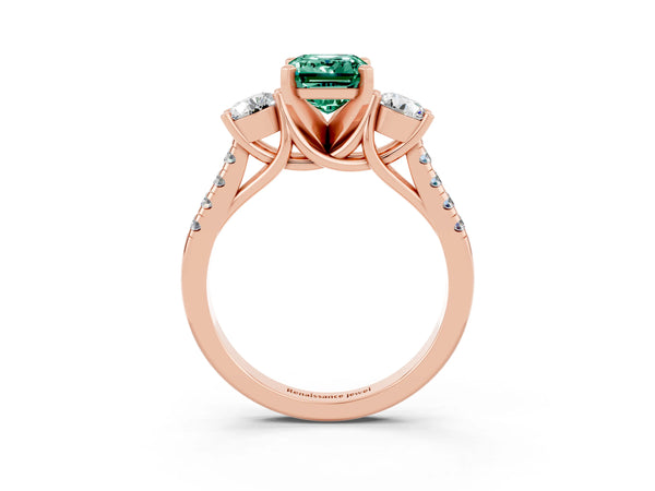 Rose gold Three-Stone Emerald Cut Green Sapphire Pavé Band with Four-Prong Setting