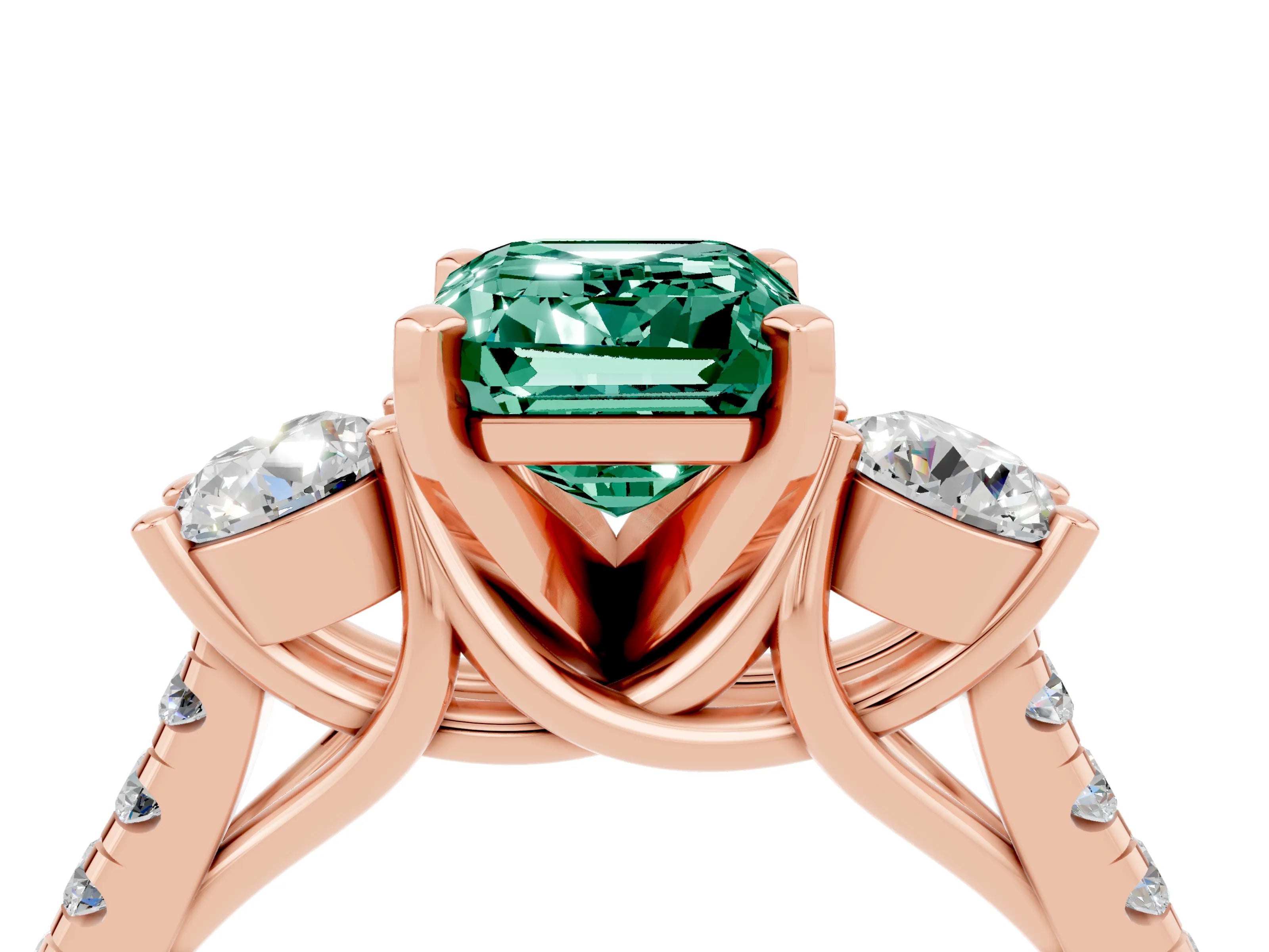 Rose gold Three-Stone Emerald Cut Green Sapphire Pavé Band with Four-Prong Setting_4