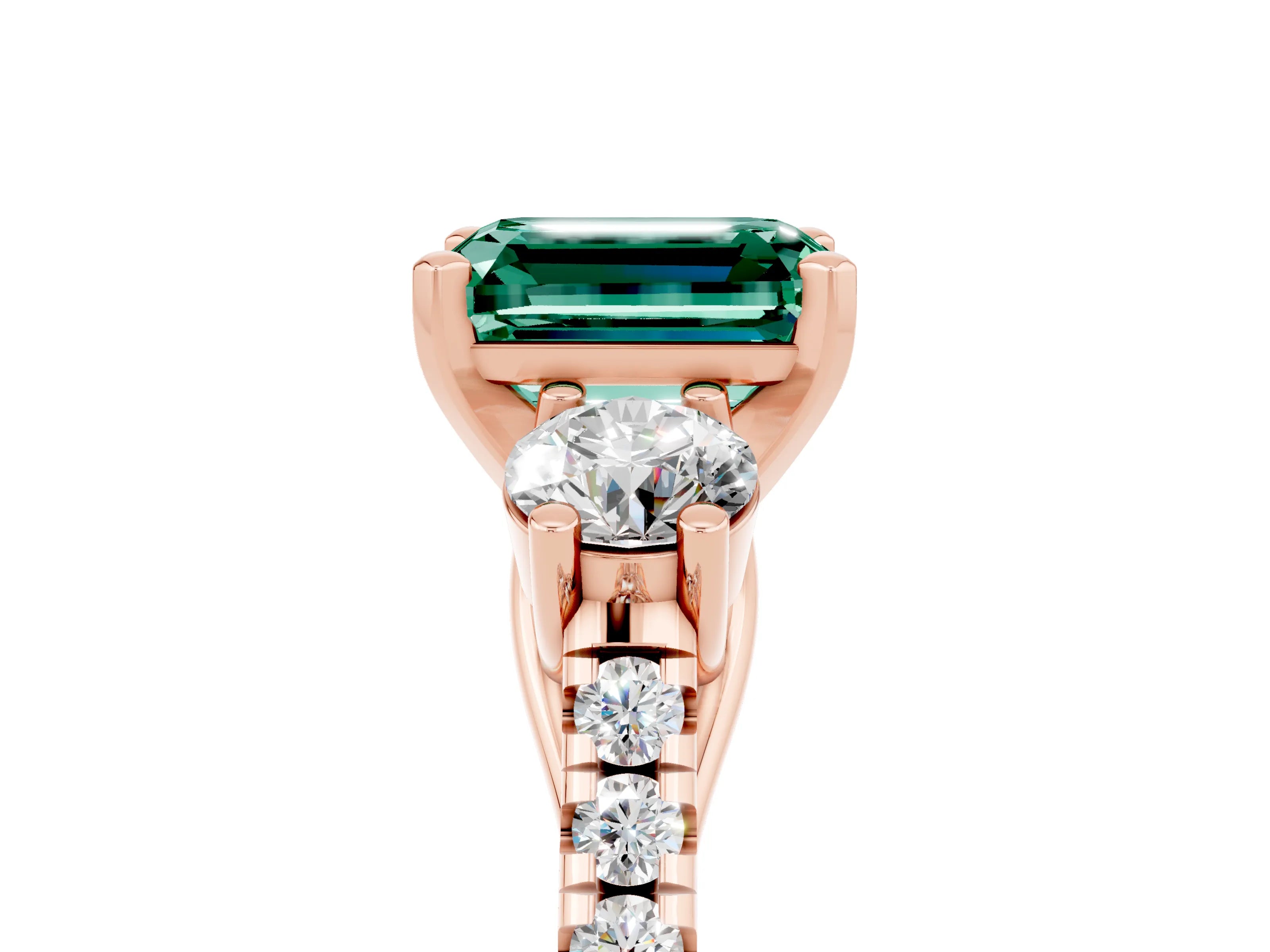 Rose gold Three-Stone Emerald Cut Green Sapphire Pavé Band with Four-Prong Setting_5