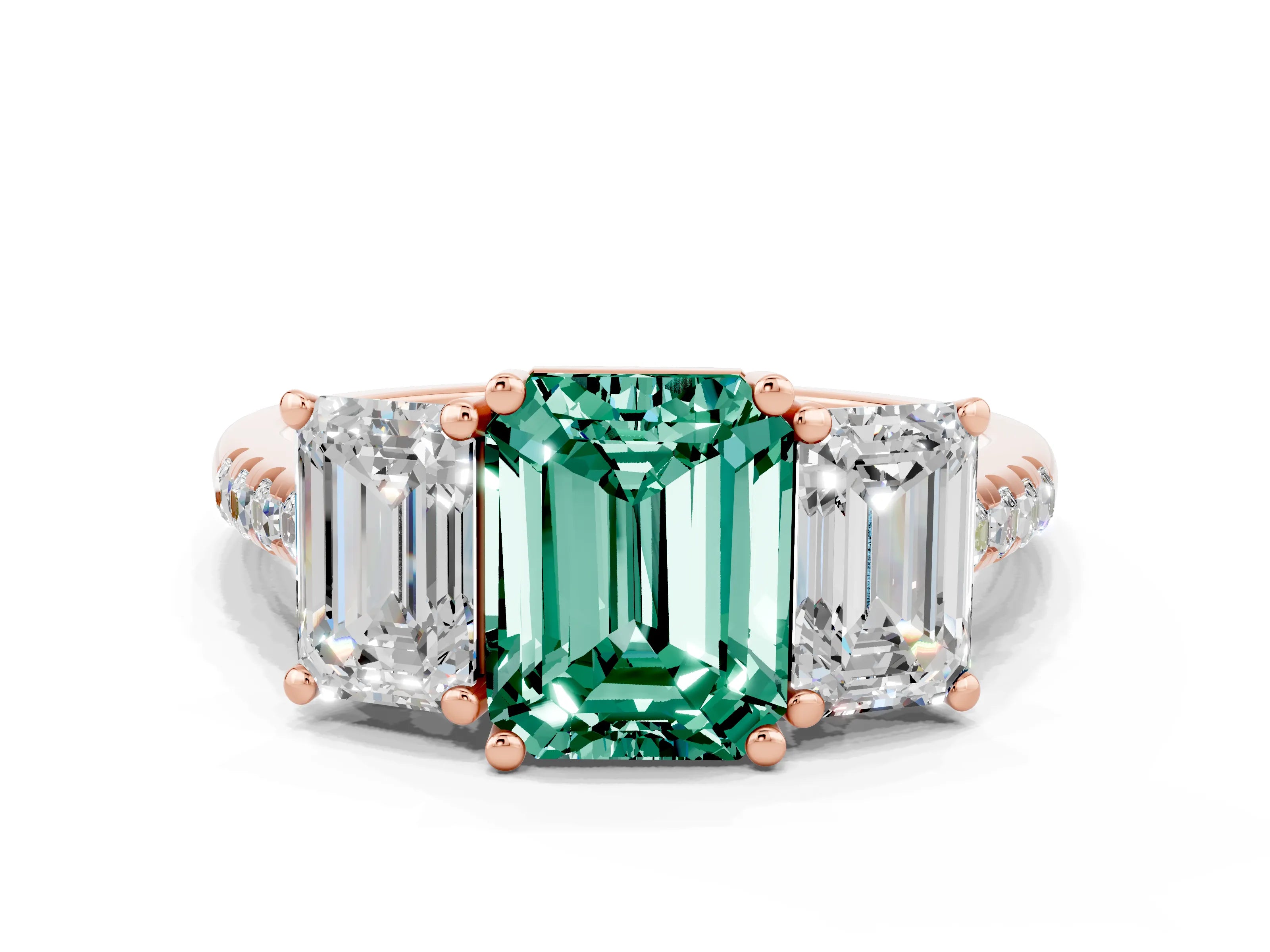 Rose gold Three-Stone Emerald Cut Green Sapphire Ring with Pavé Band and Prong Setting_12