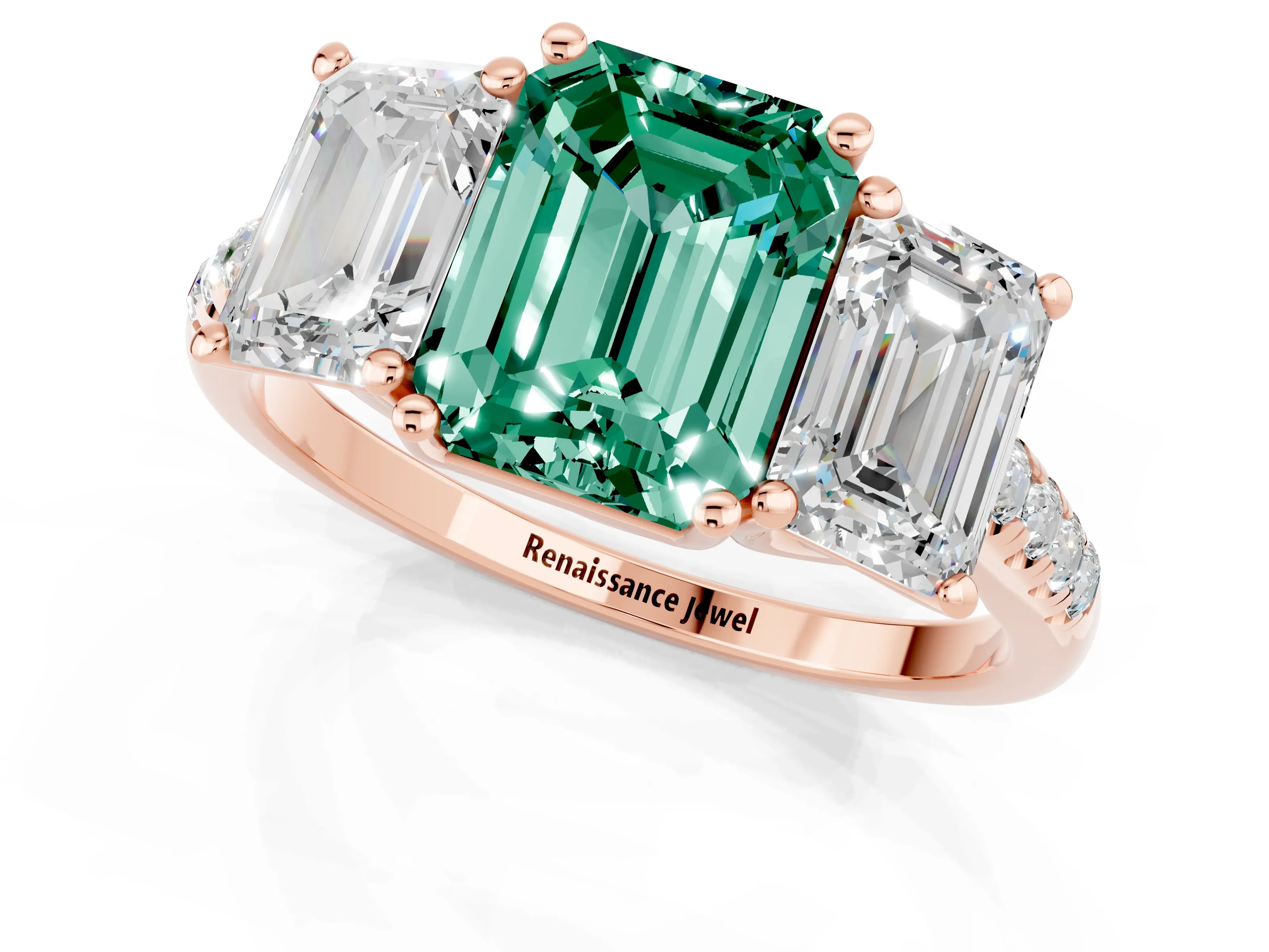 Rose gold Three-Stone Emerald Cut Green Sapphire Ring with Pavé Band and Prong Setting_13