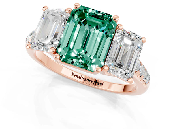 Rose gold Three-Stone Emerald Cut Green Sapphire Ring with Round  Pavé Band and Prong Setting