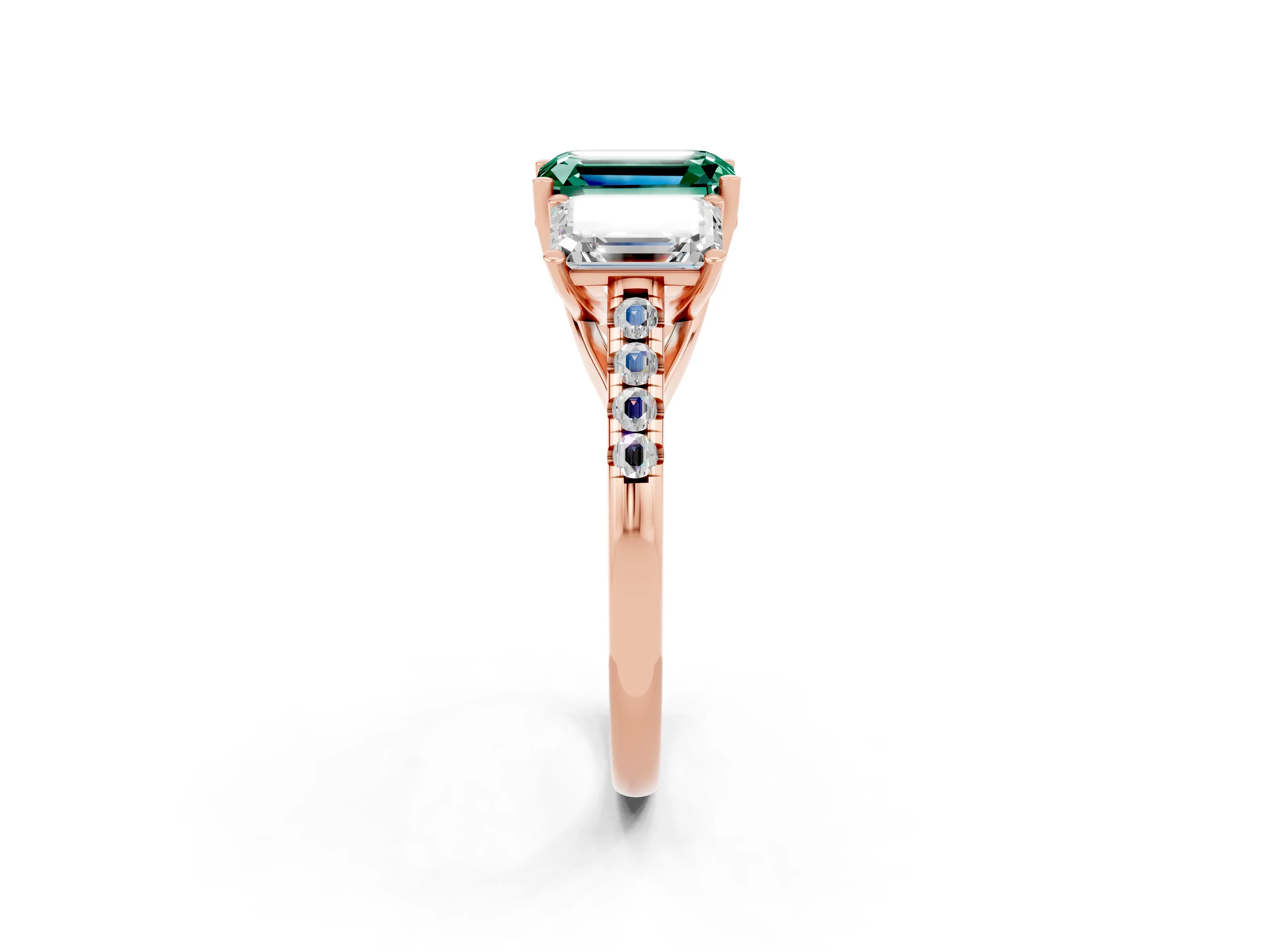 Rose gold Three-Stone Emerald Cut Green Sapphire Ring with Pavé Band and Prong Setting_14