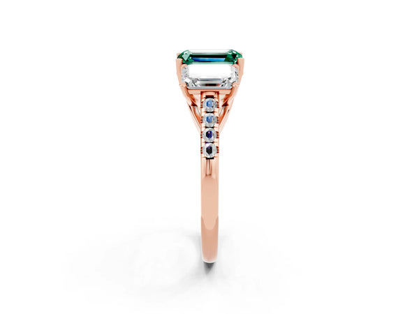 Rose gold Three-Stone Emerald Cut Green Sapphire Ring with Round  Pavé Band and Prong Setting