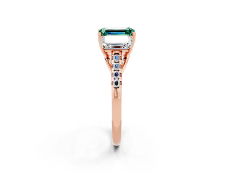Rose gold Three-Stone Emerald Cut Green Sapphire Ring with Pavé Band and Prong Setting_14