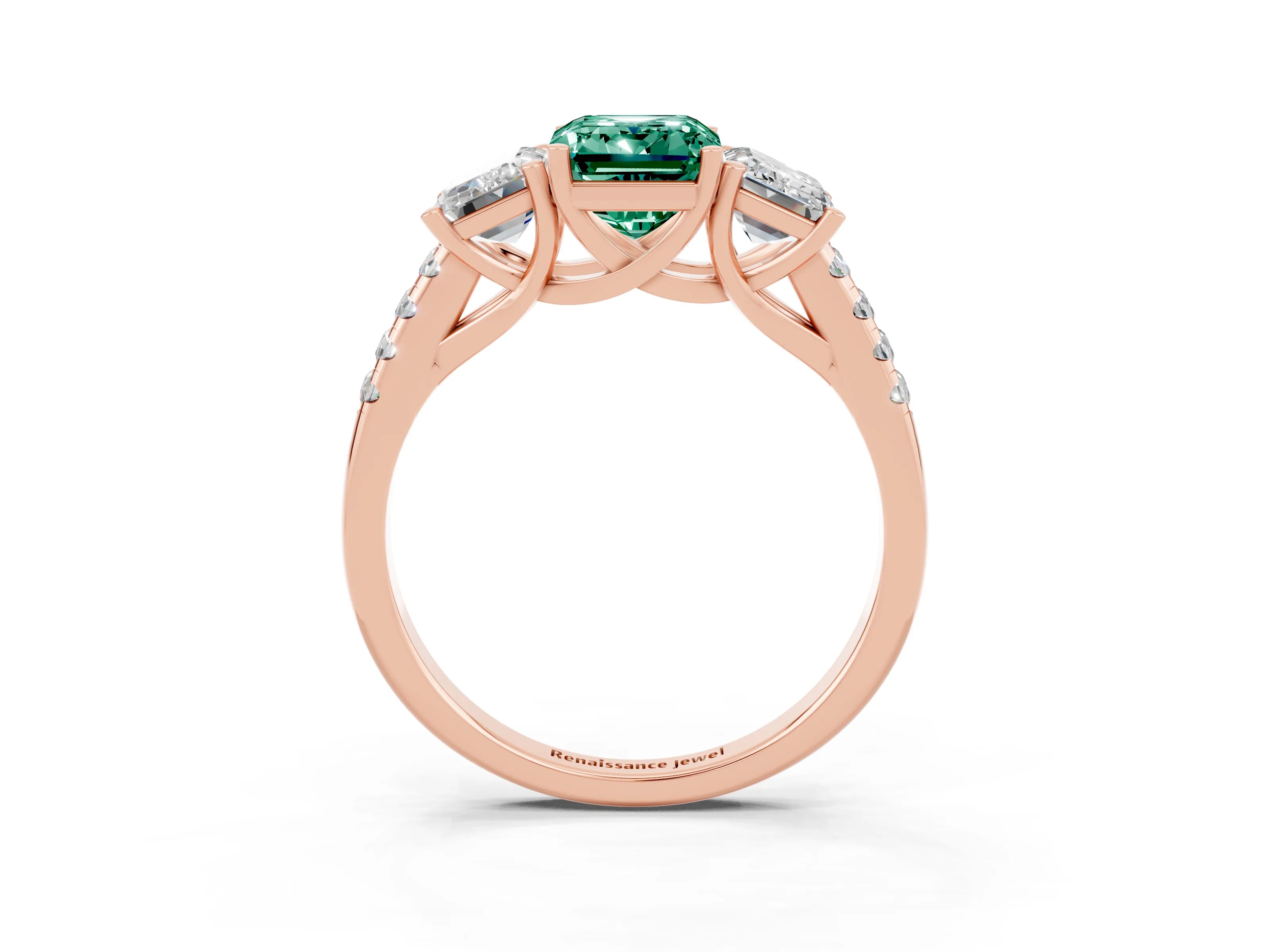 Rose gold Three-Stone Emerald Cut Green Sapphire Ring with Pavé Band and Prong Setting_15