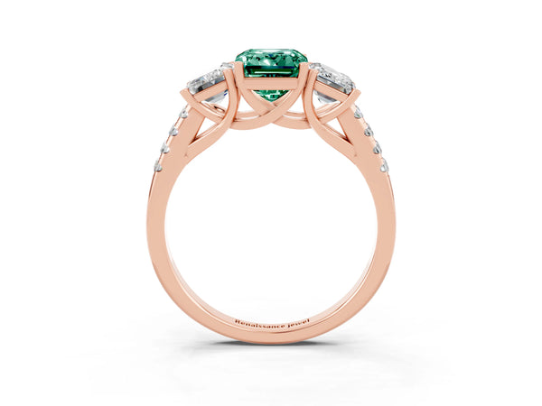 Rose gold Three-Stone Emerald Cut Green Sapphire Ring with Round  Pavé Band and Prong Setting