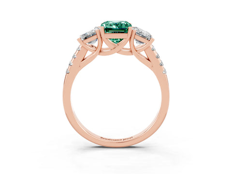 Rose gold Three-Stone Emerald Cut Green Sapphire Ring with Pavé Band and Prong Setting_15