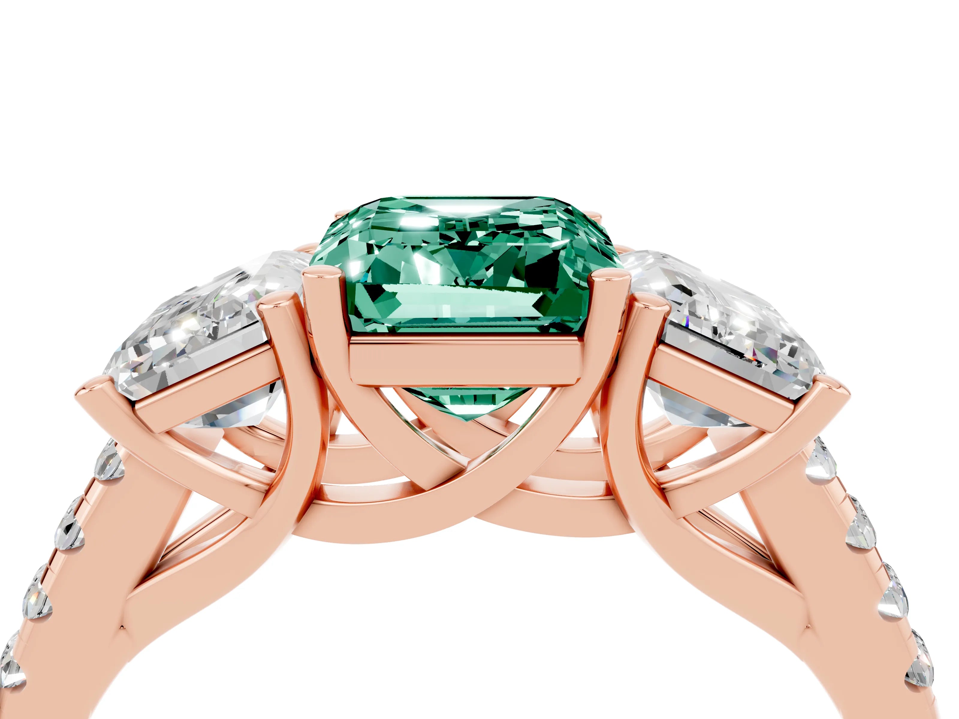 Rose gold Three-Stone Emerald Cut Green Sapphire Ring with Pavé Band and Prong Setting_16