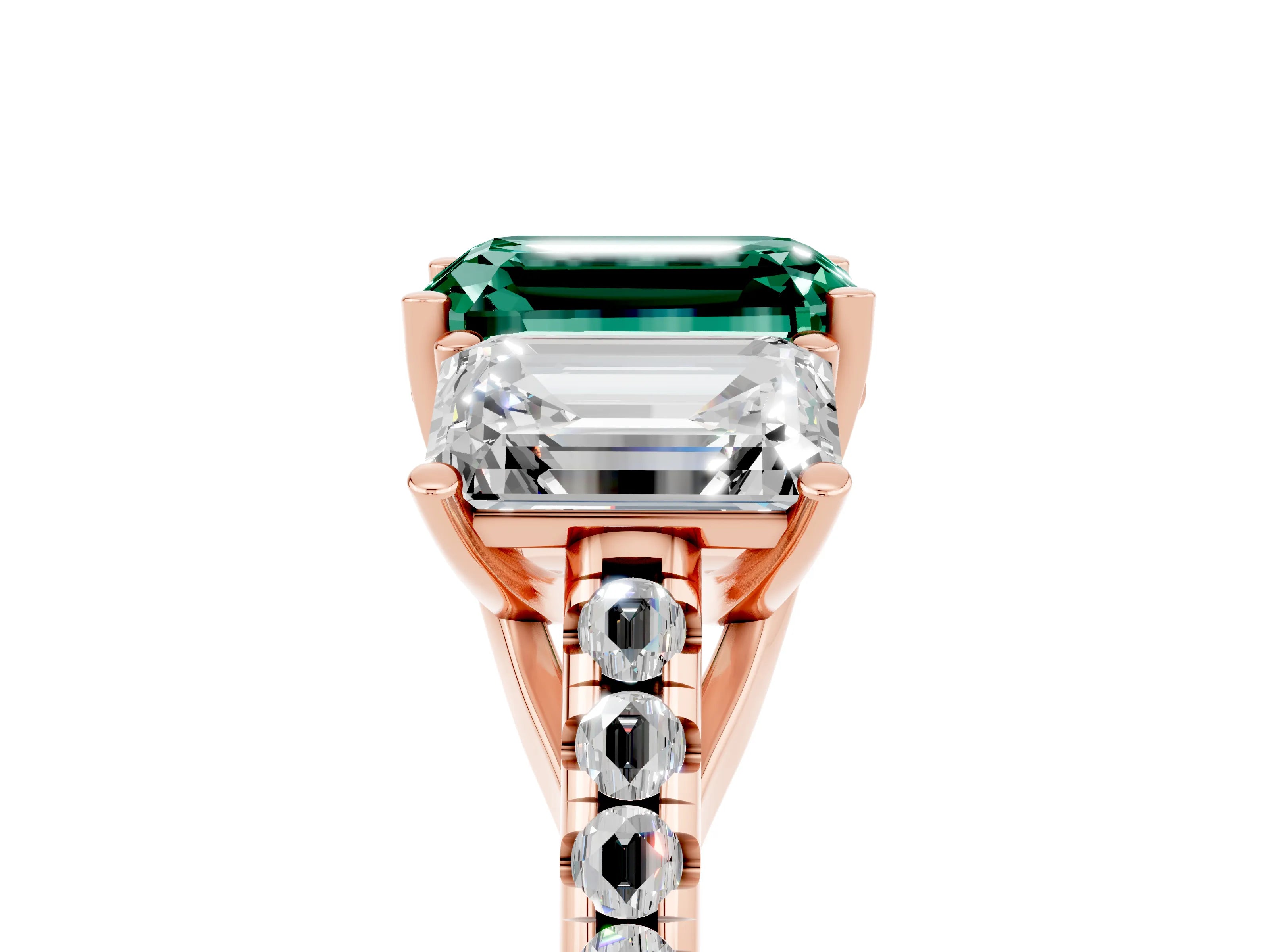 Rose gold Three-Stone Emerald Cut Green Sapphire Ring with Pavé Band and Prong Setting_17