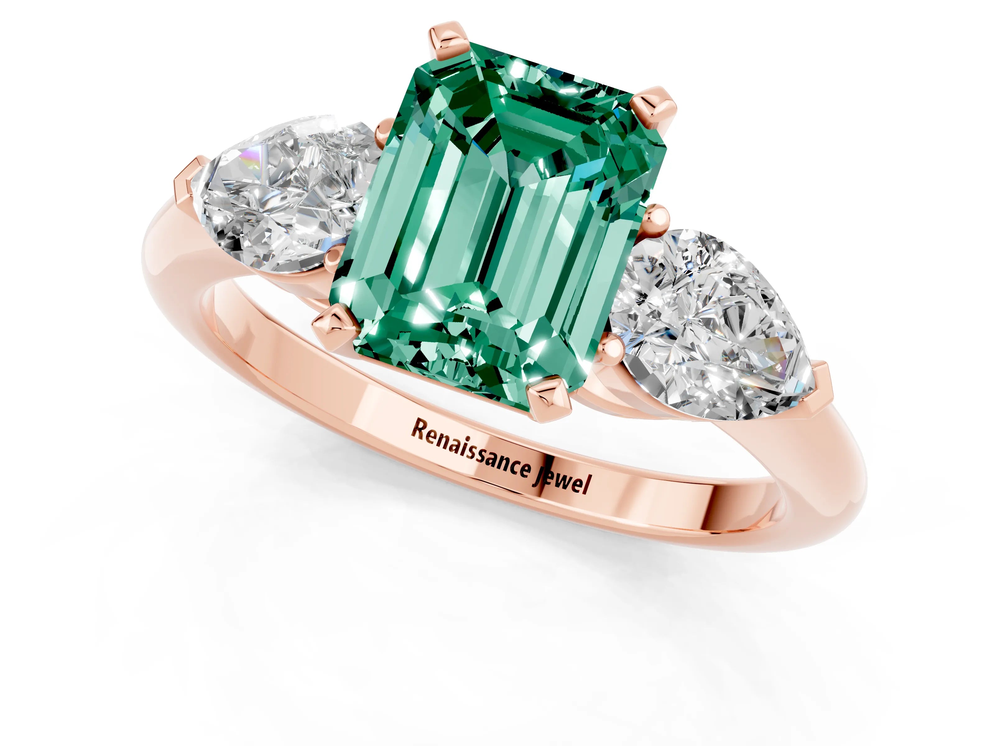 Rose gold Three-Stone Emerald Cut Green Sapphire Ring with Pear Side Stones and Four-Prong Setting_1