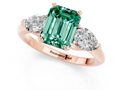 Rose gold Three-Stone Emerald Cut Green Sapphire Ring with Pear Side Stones and Four-Prong Setting_1