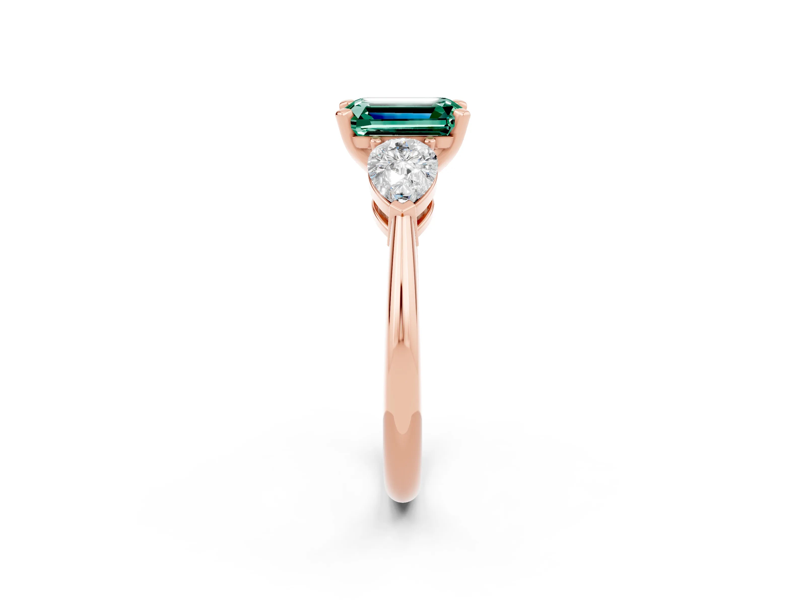 Rose gold Three-Stone Emerald Cut Green Sapphire Ring with Pear Side Stones and Four-Prong Setting_2
