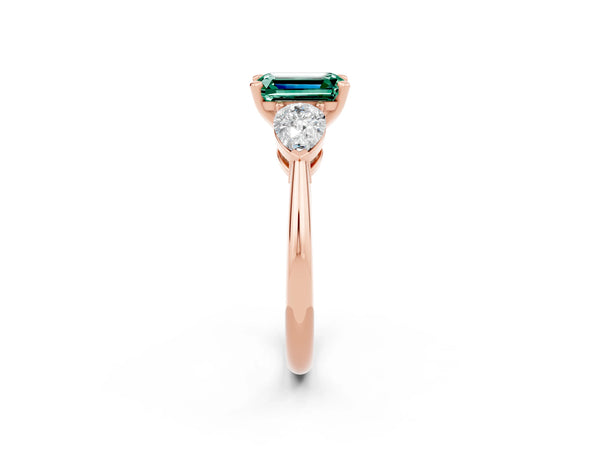 Rose gold Three-Stone Emerald Cut Green Sapphire Ring with Pear Side Stones and Four-Prong Setting