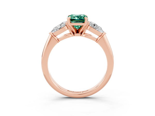 Rose gold Three-Stone Emerald Cut Green Sapphire Ring with Pear Side Stones and Four-Prong Setting