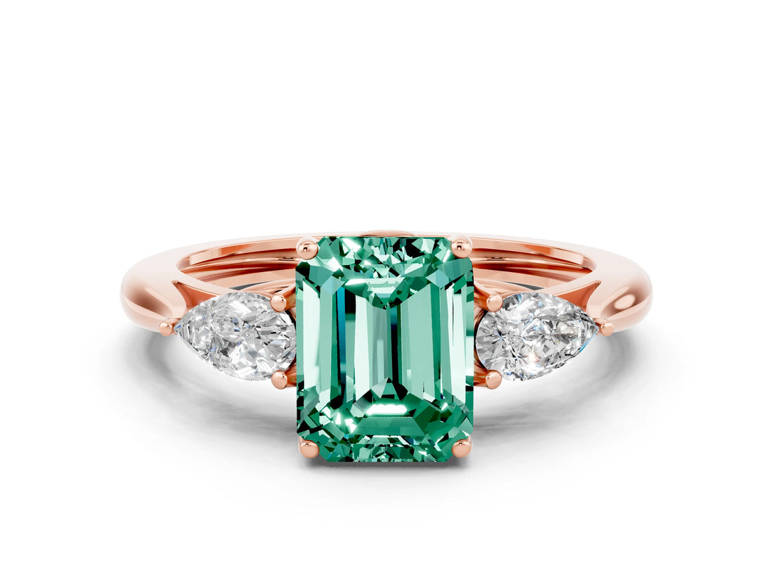 Rose gold Three-Stone Emerald Cut Green Sapphire Ring with Pear  Side Stones in Four-Prong Setting_12