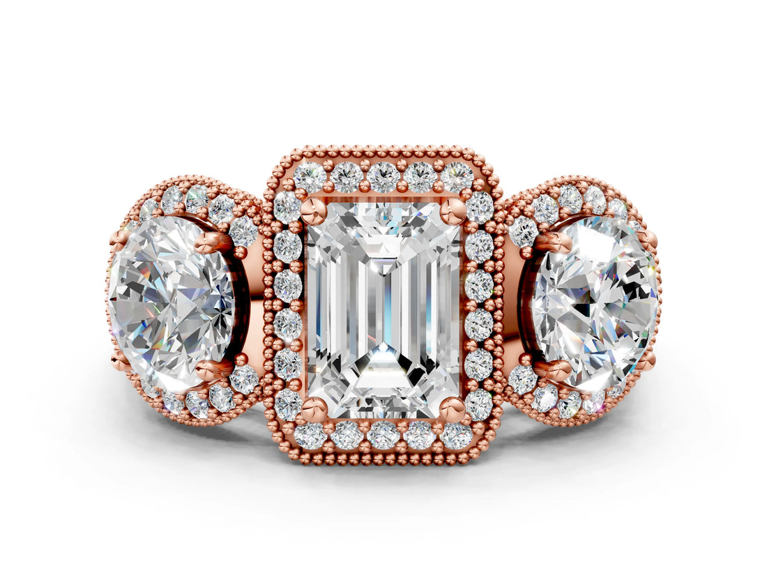 Rose gold Three-Stone Emerald Cut Halo Diamond Milgrain Band with Four-Prong Setting_3