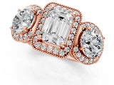 Rose gold Three-Stone Emerald Cut Halo Diamond Milgrain Band with Four-Prong Setting_4