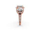 Rose gold Three-Stone Emerald Cut Halo Diamond Milgrain Band with Four-Prong Setting_5