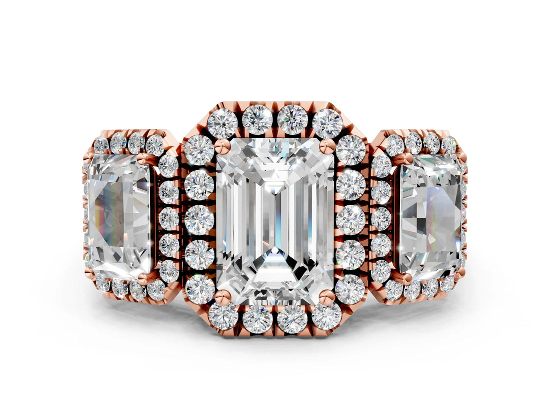 Rose gold Three-Stone Emerald Cut Halo Diamond Ring with Pave Band and Four-Prong Setting_3