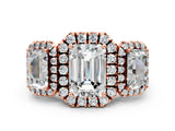 Rose gold Three-Stone Emerald Cut Halo Diamond Ring with Pave Band and Four-Prong Setting_3