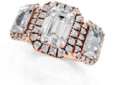 Rose gold Three-Stone Emerald Cut Halo Diamond Ring with Pave Band and Four-Prong Setting_4
