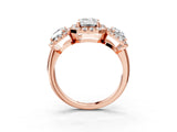 Rose gold Three-Stone Emerald Cut Halo Diamond Ring with Pave Band and Four-Prong Setting_6