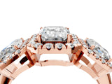 Rose gold Three-Stone Emerald Cut Halo Diamond Ring with Pave Band and Four-Prong Setting_7