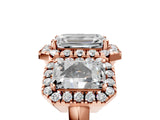 Rose gold Three-Stone Emerald Cut Halo Diamond Ring with Pave Band and Four-Prong Setting_8