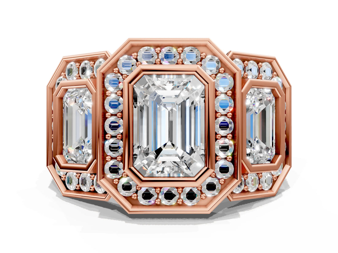 Rose gold Three-Stone Emerald Cut Halo Pavé Diamond Ring_3