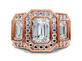 Rose gold Three-Stone Emerald Cut Halo Pavé Diamond Ring_3